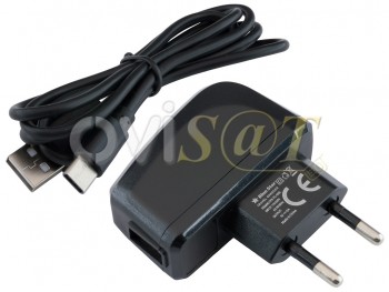 Cargador de viaje negro Blue Star para dispositivos con USB tipo C ; Entrada:110-240V AC 50-60Hz, Salida 5V - 2A, en blister